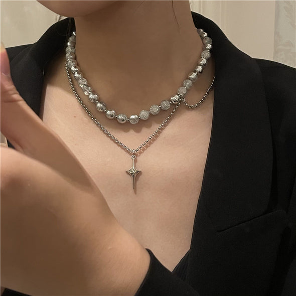 Faith Cross Created Crystal Titanium Steel Layered Necklace