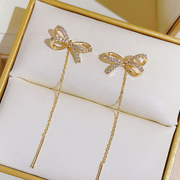 Elegant Golden Tone Bowtie Design Tassel Drop Earrings