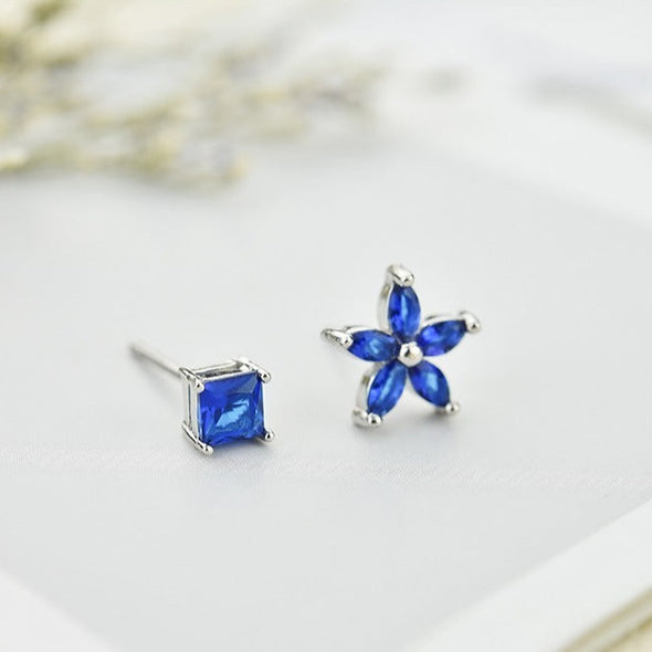 Blue Stone Flower Design Earrings Stud in Sterling Silver