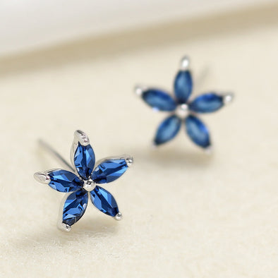 Blue Stone Flower Design Earrings Stud in Sterling Silver