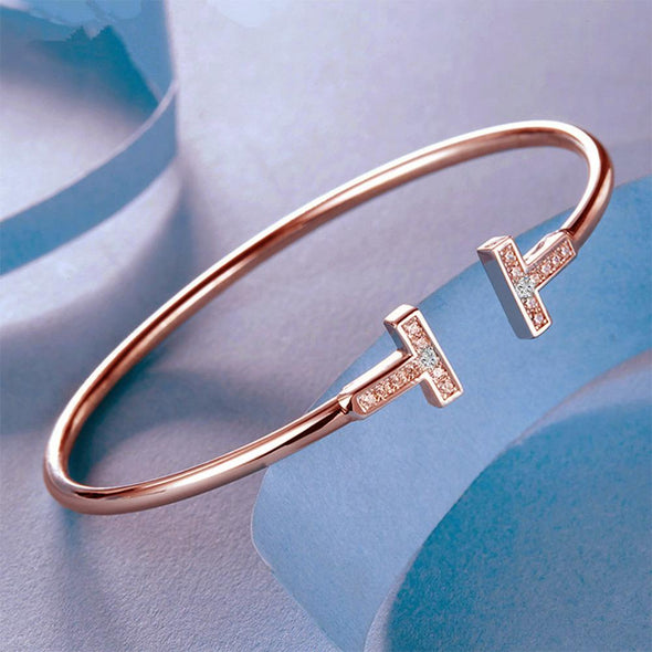 Double Alphabet "T" with Moissanite Open Bangle