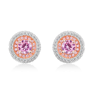 Pink Round Cut Double Halo Sterling Silver Stud Earrings
