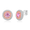 Pink Round Cut Double Halo Sterling Silver Stud Earrings