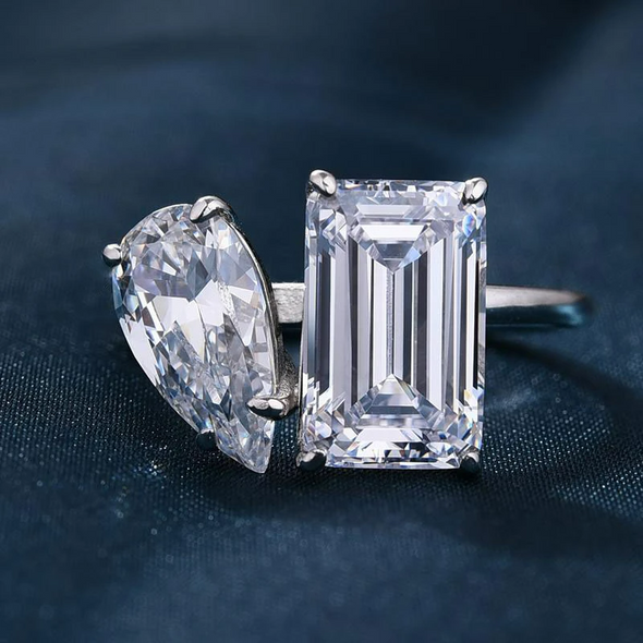 Unique Double-Stone Design Pear Cut & Emerald Cut Engagement Ring
