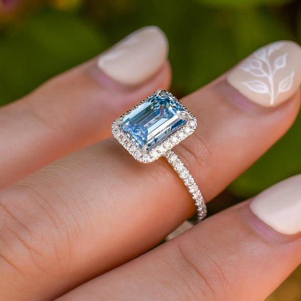 Halo Emerald Cut Light Aquamarine Blue Sterling Silver Engagement Ring