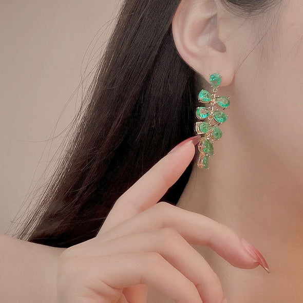 Golden Tone Emerald Green Simulate Crystal Leaves Drop Earrings