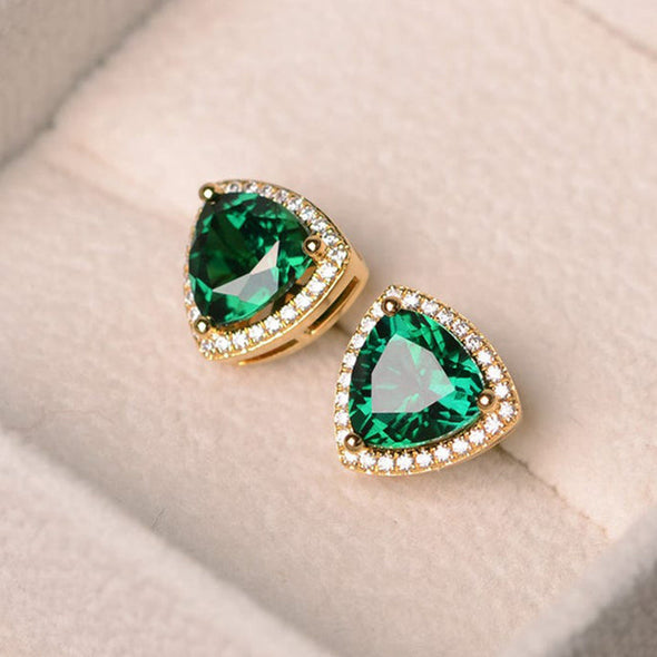 Luxury Golden Tone Emerald Green Sterling Silver Stud Earrings