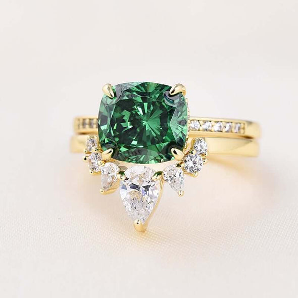Luxurious Golden Tone Cushion Cut Emerald Green Bridal Set Sterling Silver