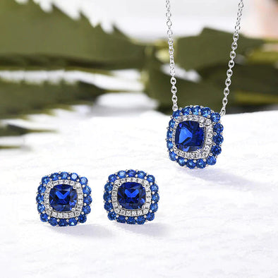 Vintage Blue Sterling Silver Pendant Necklace & Earrings Set