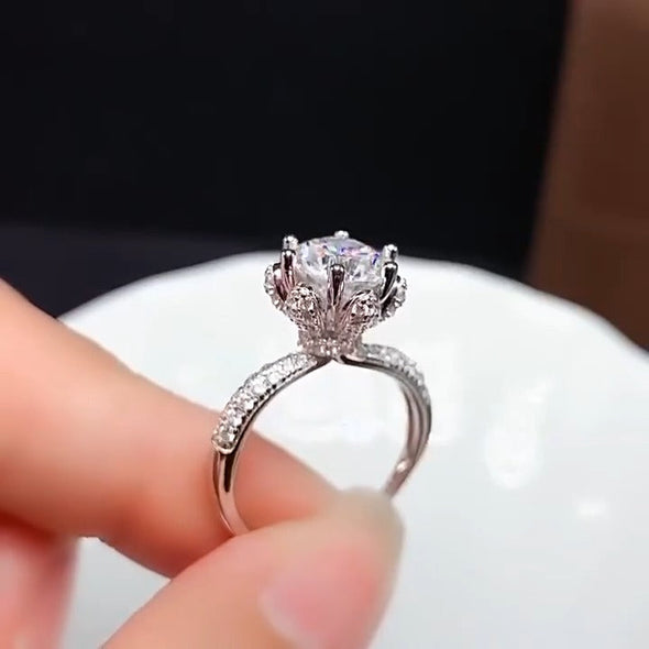 Round Cut Flower Crackling Sterling Silver Engagement Ring