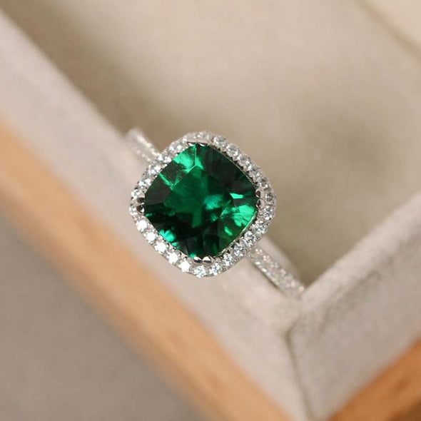 Halo Cushion Cut Emerald Green Sterling Silver Engagement Ring