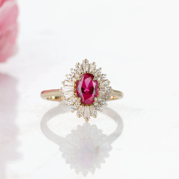 Vintage Golden Tone Cluster Ruby Oval Cut Sterling Silver Engagement Ring