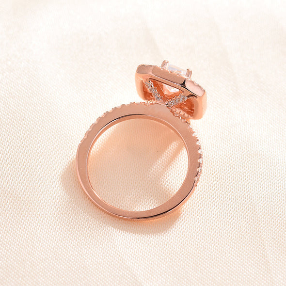 Rose Golden Tone Hollow Double Halo Radiant Cut Sterling Silver Engagement Ring