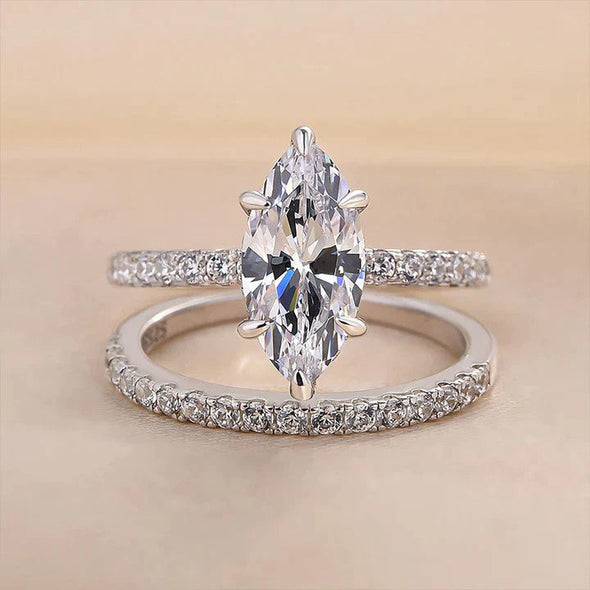 2pcs Marquise Cut Bridal Ring Set in Sterling Silver
