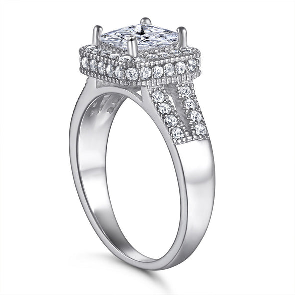 Split Halo Princess Cut Sterling Silver Engagement Ring