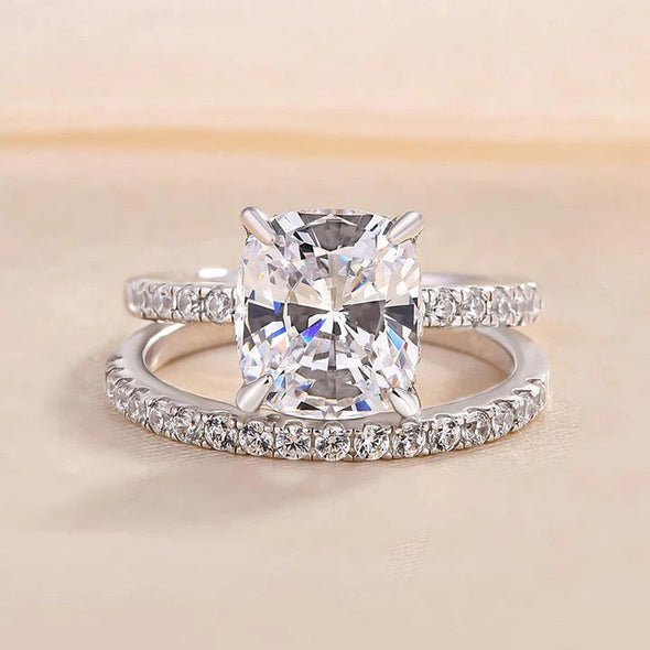 Sale | 2Pcs Solitaire Golden Tone Cushion Cut Bridal Set Rings In Sterling Silver