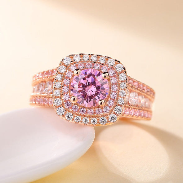 Rose Golden Tone Pink Round Cut Double Halo Engagement Ring