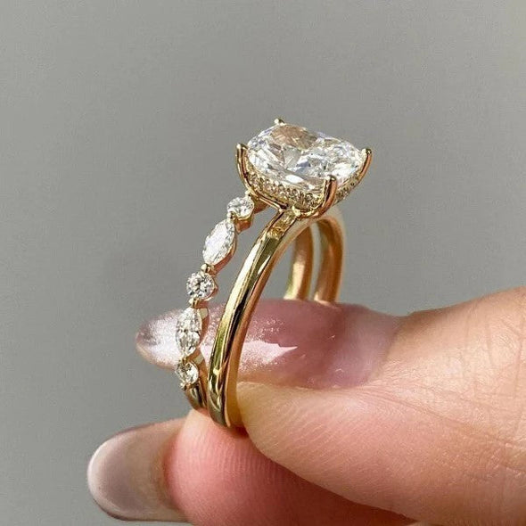 Golden Tone Cushion Cut Solitare Bridal Set Ring in Sterling Silver
