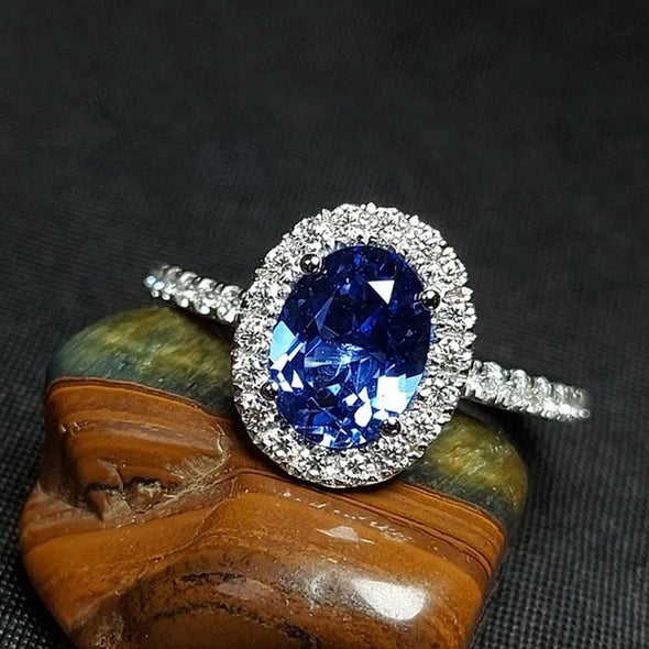 Vintage Blue Oval Cut Engagement Ring In Sterling Silver