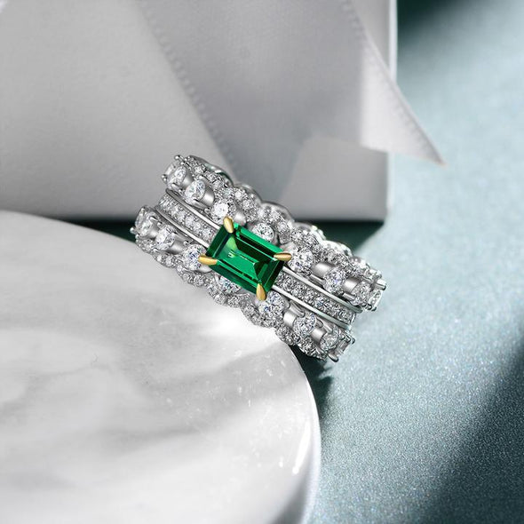 Emerald Double Row Sterling Silver Engagement Ring