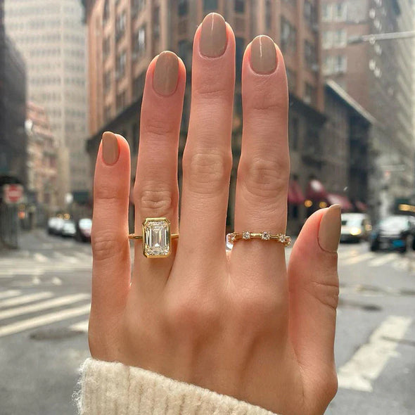 Elegant Emerald Cut Sterling Silver Bezel Engagement Ring In Golden Tone