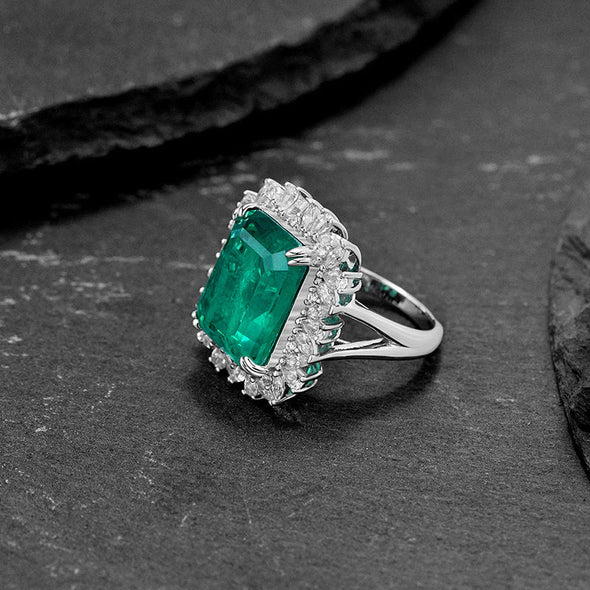 Vintage Emerald Green Halo Sterling Silver Engagement Ring With Spilt Shank
