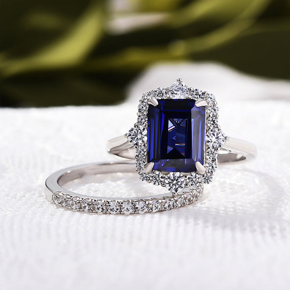 2pcs Halo Blue Emerald Cut Bridal Set Rings In Sterling Silver