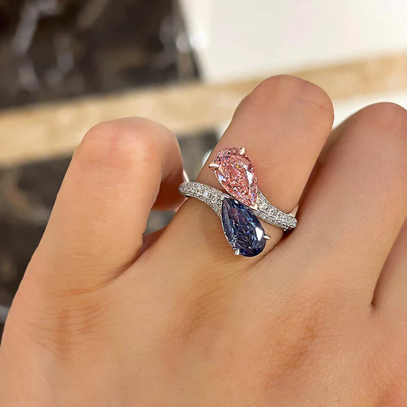Vintage Pear Cut Blue & Pink Engagement Ring In Sterling Silver