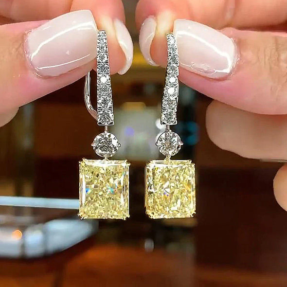 Radiant Cut Yellow Drop Earrings In Sterling Silver