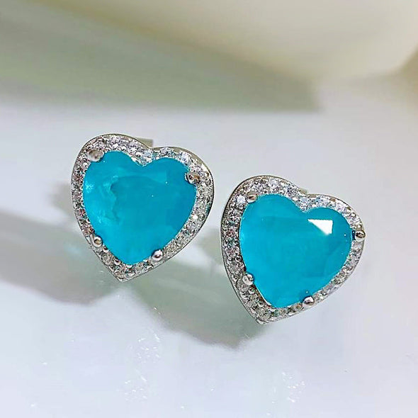 Heart Cut Simulated Paraiba Tourmaline Earrings in Sterling Silver