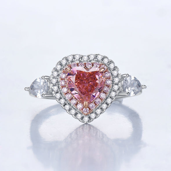 Pink Heart Double Halo Sterling Silver Engagement Ring