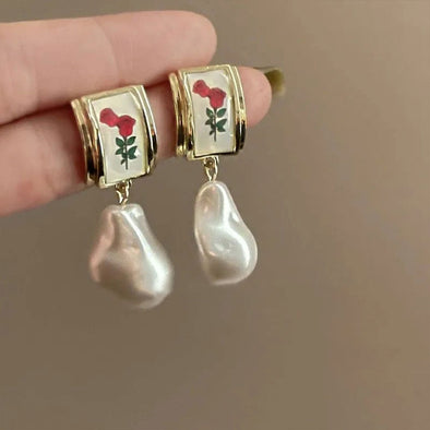 Vintage Red Rose Pearl Drop Earrings
