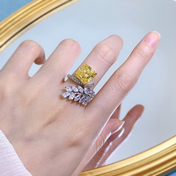 Unique Design Adjustable Pink and Yellow Sterling Silver Engagemenet Ring With Leaves