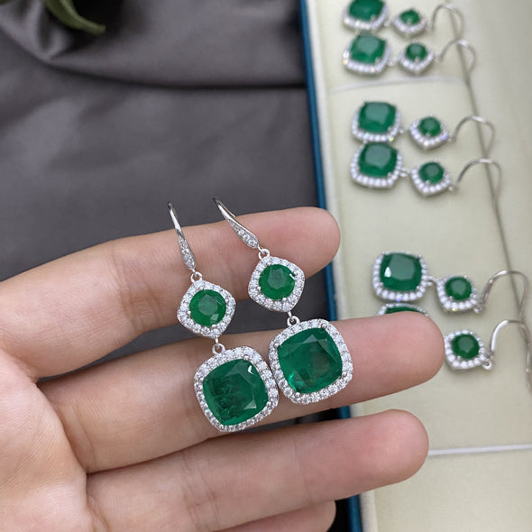 Vintage Emerald Green Cushion Cut Halo Drop Earrings