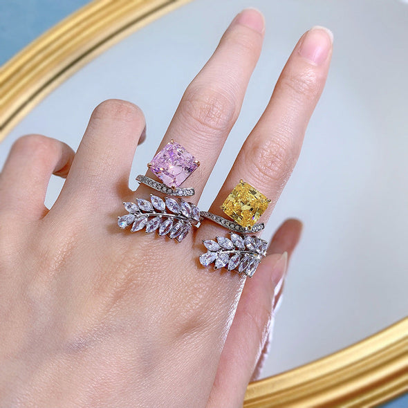 Unique Design Adjustable Pink and Yellow Sterling Silver Engagemenet Ring With Leaves