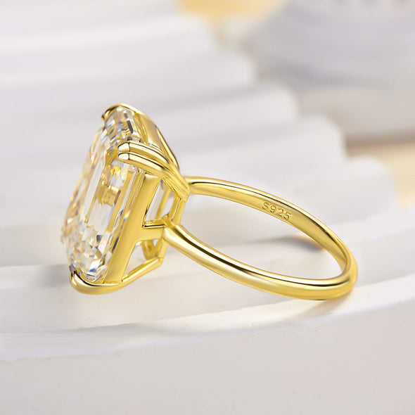 Luxurious Golden Emerald Cut Engagement Ring In Sterling Silver