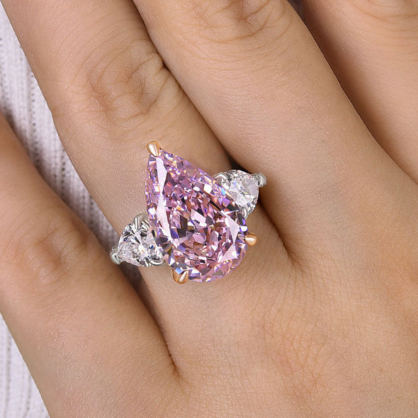 Stunning Pear Cut Pink Three Stone Engagement Ring