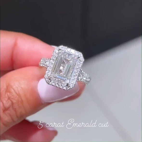 Gorgeous Halo Split Shank Emerald Cut Sterling Silver Engagement Ring
