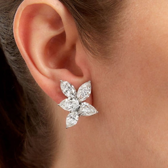 Dainty Flower Design Marquise & Pear Cut Sterling Silver Stud Earrings