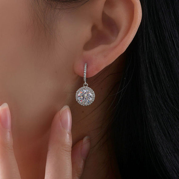 Classic Halo Round Cut Drop Earrings In Sterling Silver