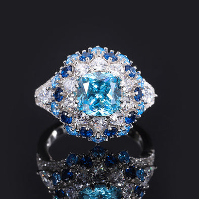 Luxurious Art-Deco Inspired Vintage Synthetic Aquamarine Ring in Sterling Silver