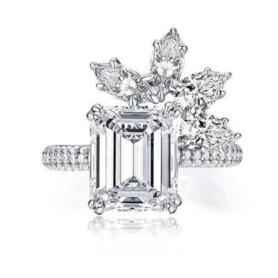 Emerald Cut Engagement Ring with Half Snowflake Decor