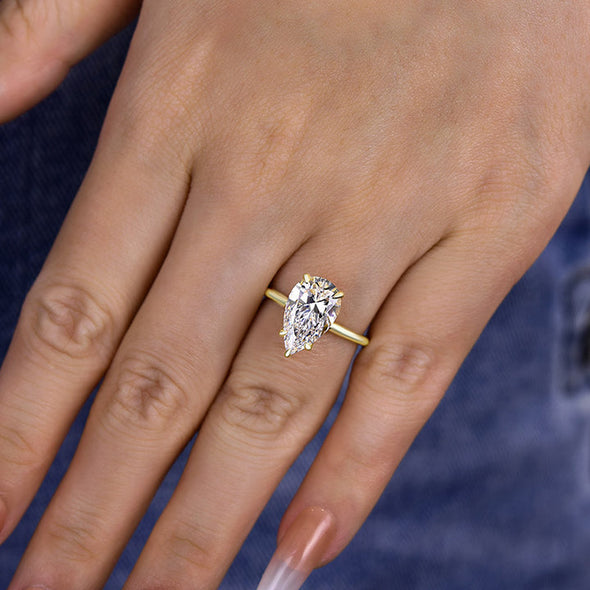 Classic Solitaire Pear Cut  Golden Tone Engagement Ring