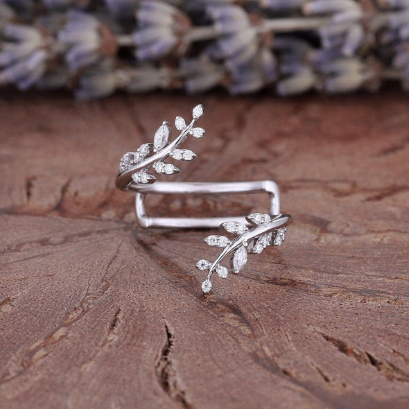 Oval Cut Vintage Cluster Leaf Enhancer Bridal Set Ring in Sterling Silver