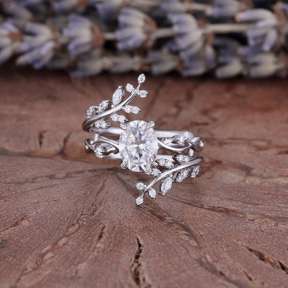 Oval Cut Vintage Cluster Leaf Enhancer Bridal Set Ring in Sterling Silver