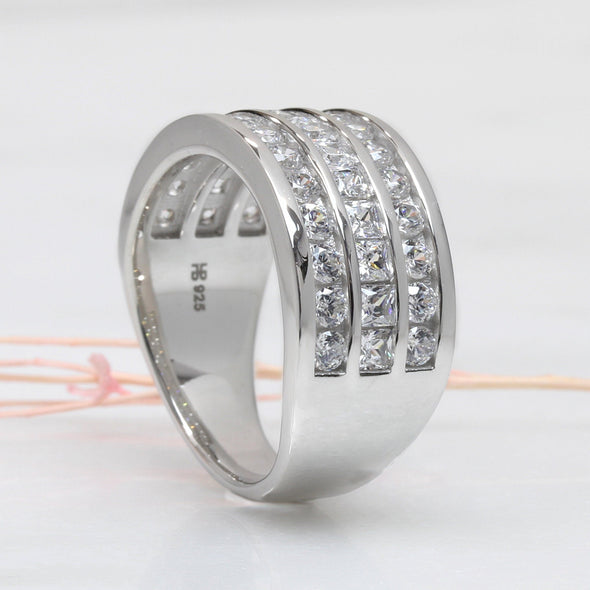 10mm Wide Three Row Wedding Band In Sterling Silver