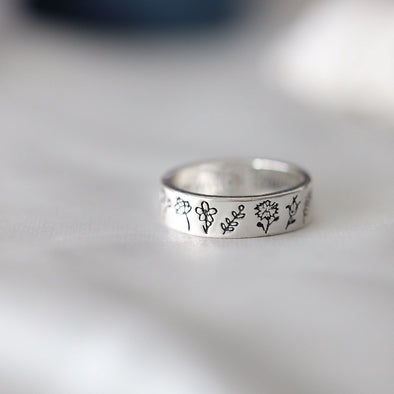 Wildflower Flowers Ring Band in Sterling Silver Carved Ring