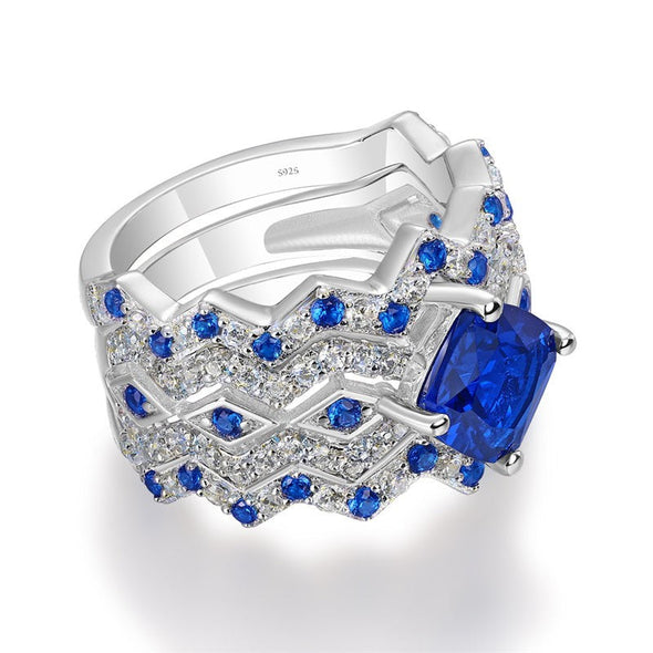 3pcs Blue Cushion Cut Zigzag Bridal Set Ring in Sterling Silver