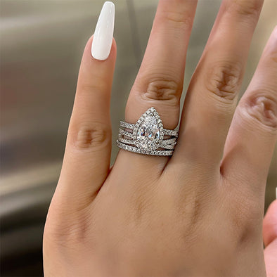 3PCS  Halo Pear Cut Bridal Set Ring Sterling Silver