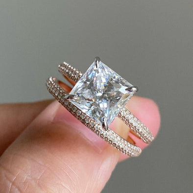 2Pcs Princess Cut Bridal Ring Set Pave Set in Sterling Silver